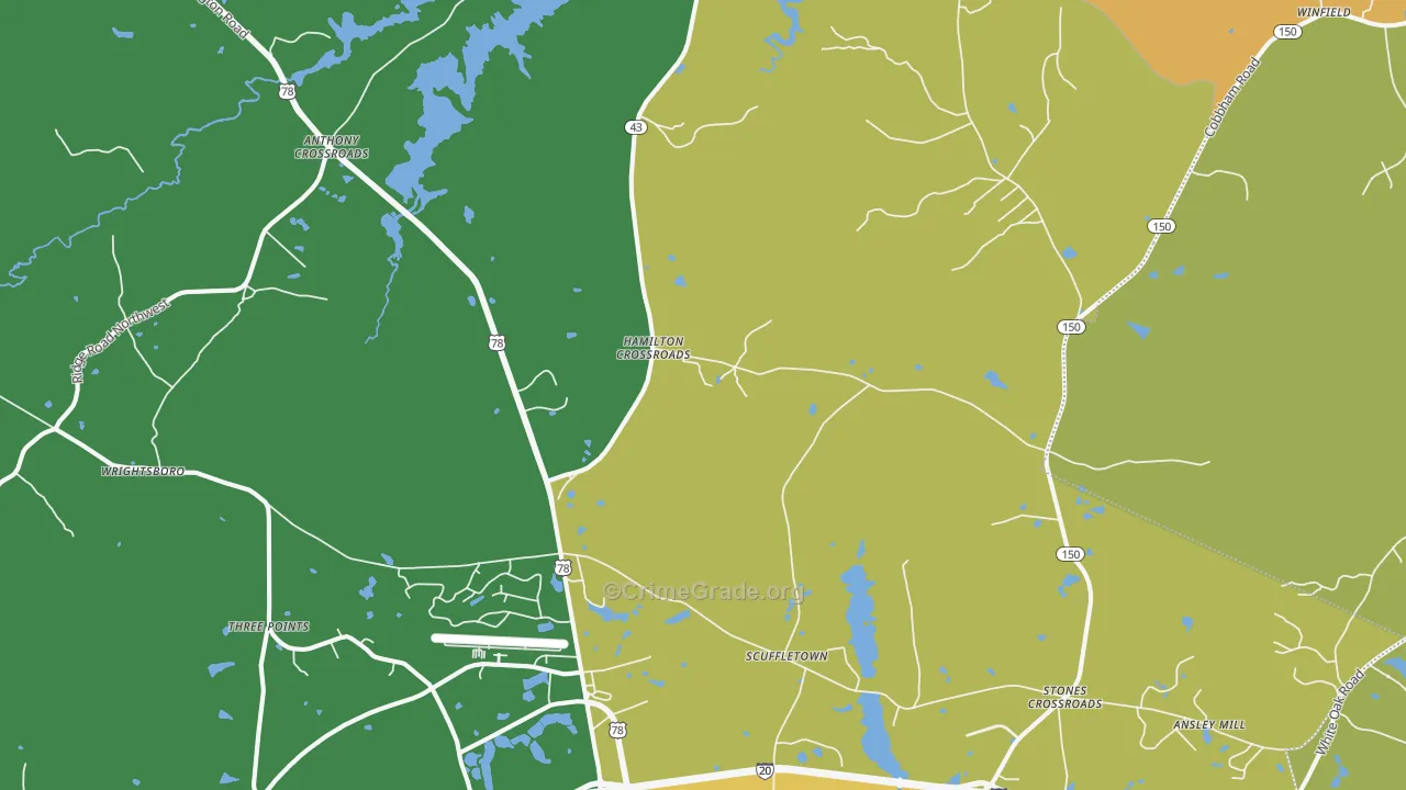 Boneville, GA Map of Robbery Rates