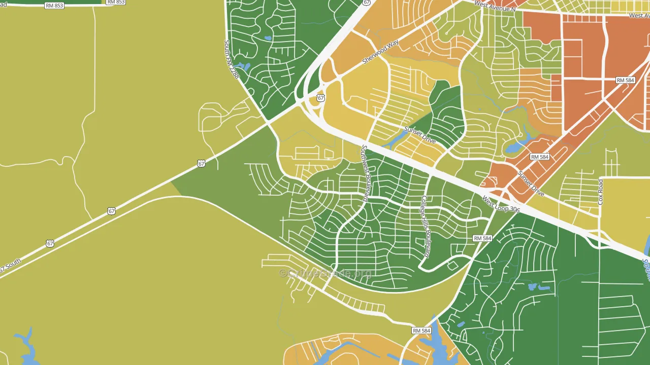 Bonham, San Angelo, TX Map of Robbery Rates