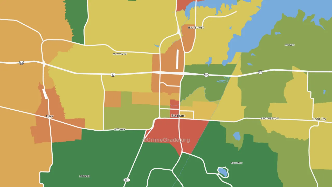 Bonham, TX Map of Robbery Rates