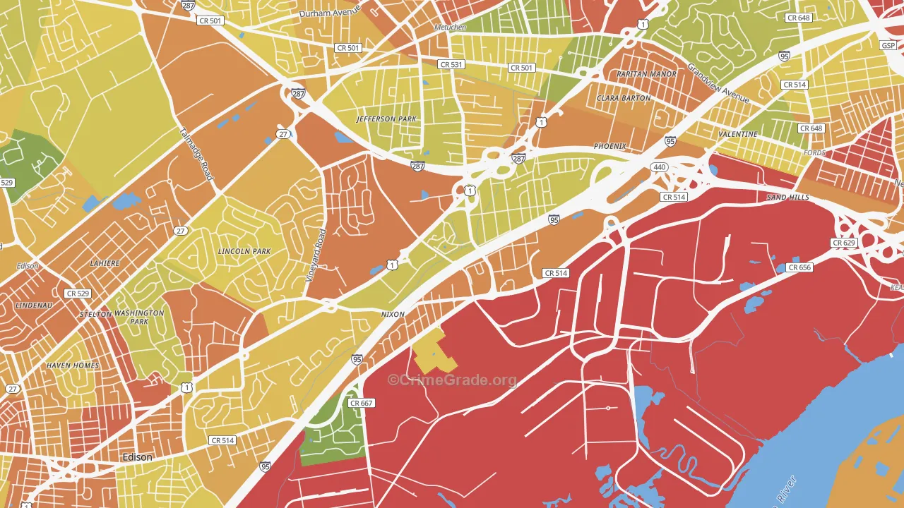 Bonhamtown, Edison, NJ Map of Robbery Rates