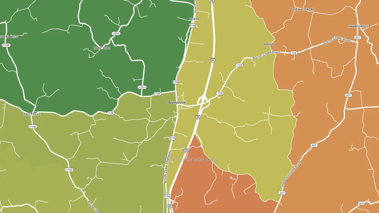 Bonnieville, KY Map of Robbery Rates