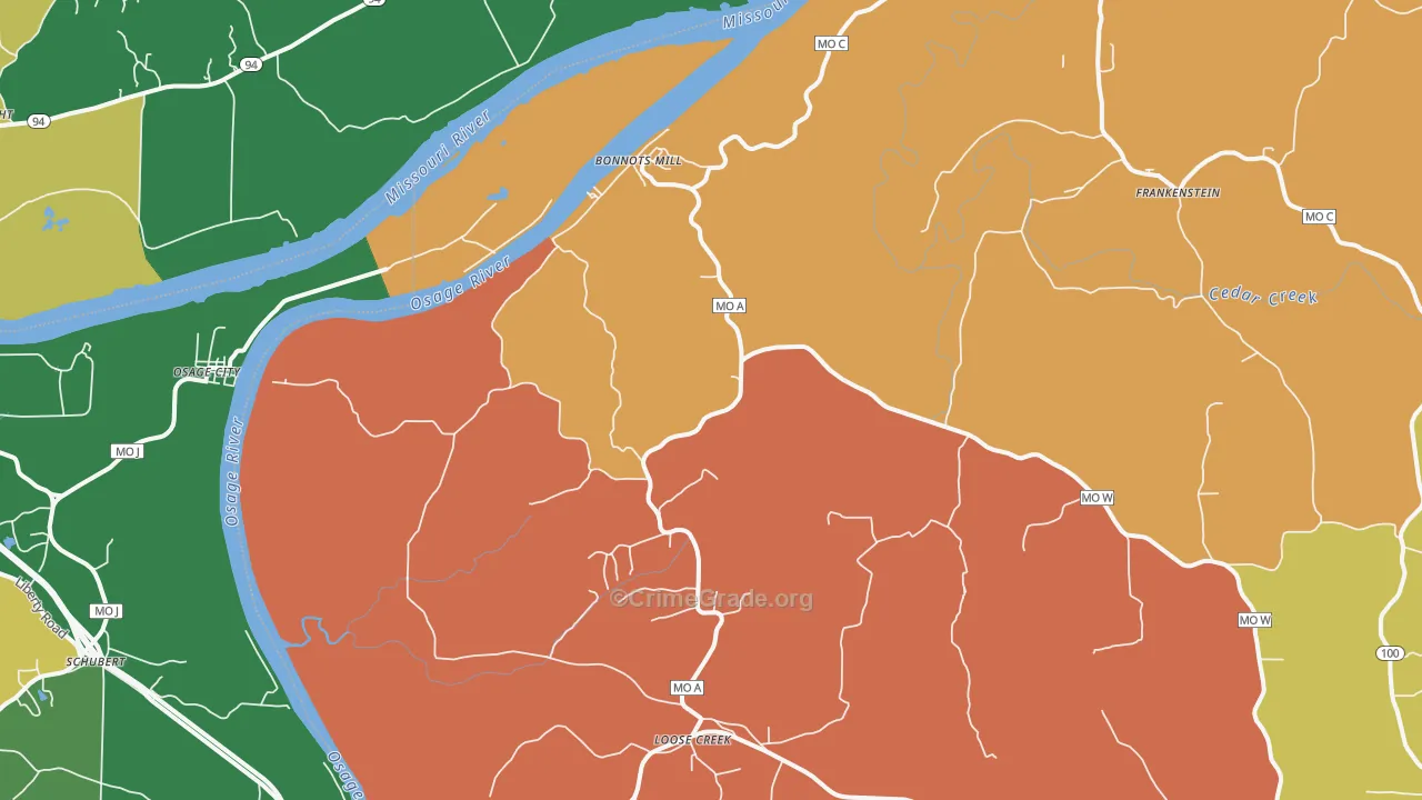 Bonnots Mill, MO Map of Robbery Rates