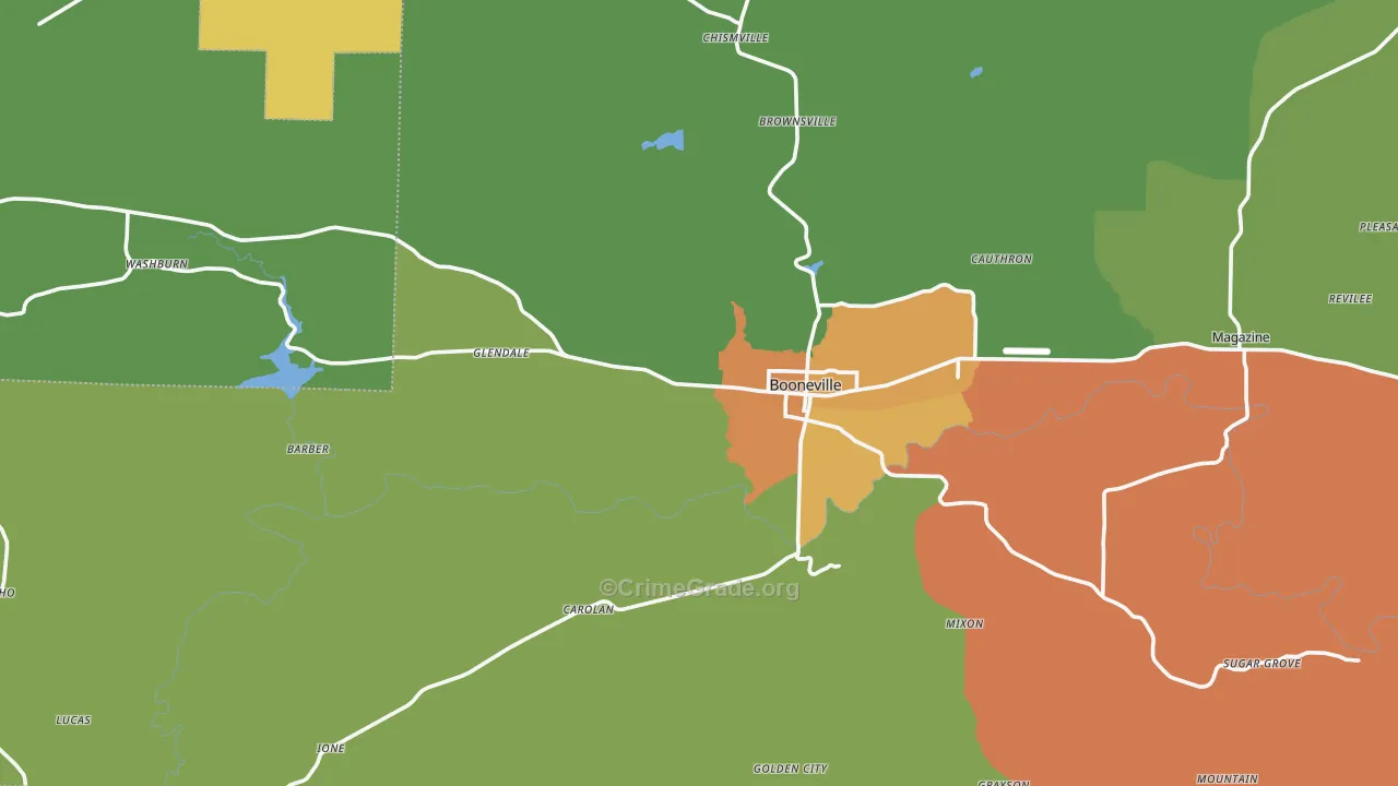 Booneville, AR Map of Robbery Rates
