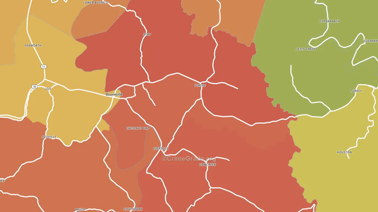 Booneville, KY Map of Robbery Rates