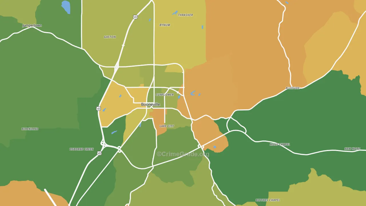 Booneville, MS Map of Robbery Rates