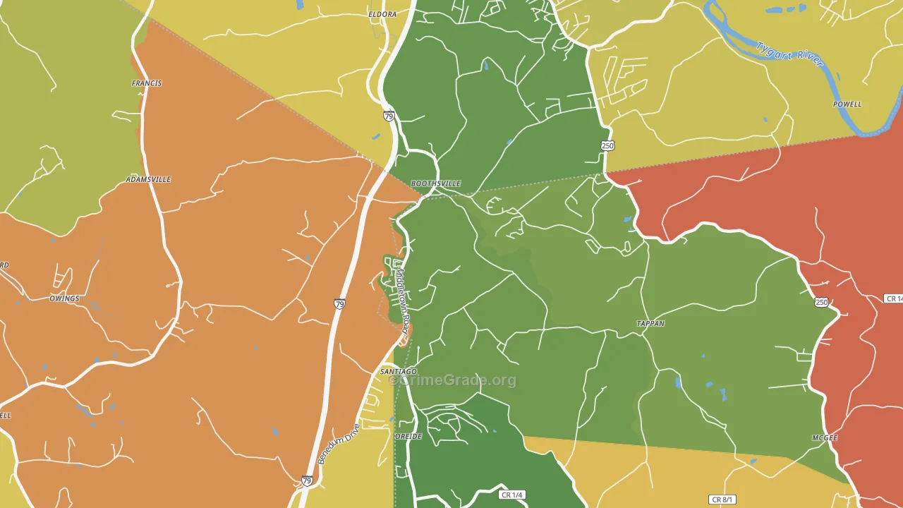 Boothsville, WV Map of Robbery Rates