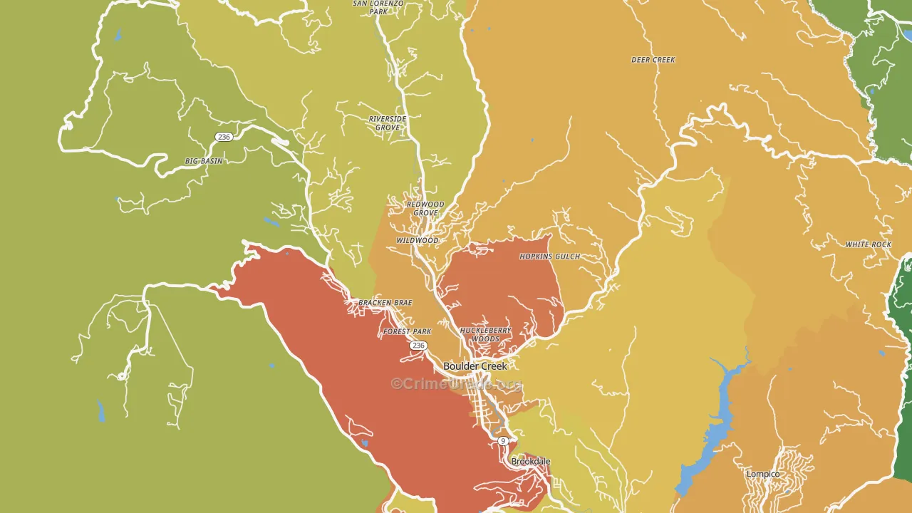 Boulder Creek, CA Map of Robbery Rates