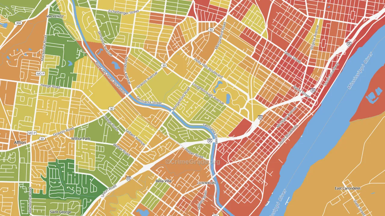 Boulevard Heights, St. Louis, MO Map of Robbery Rates