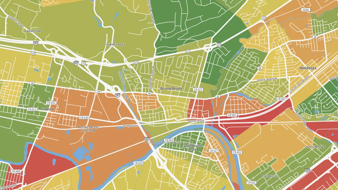 Bound Brook, NJ Map of Robbery Rates