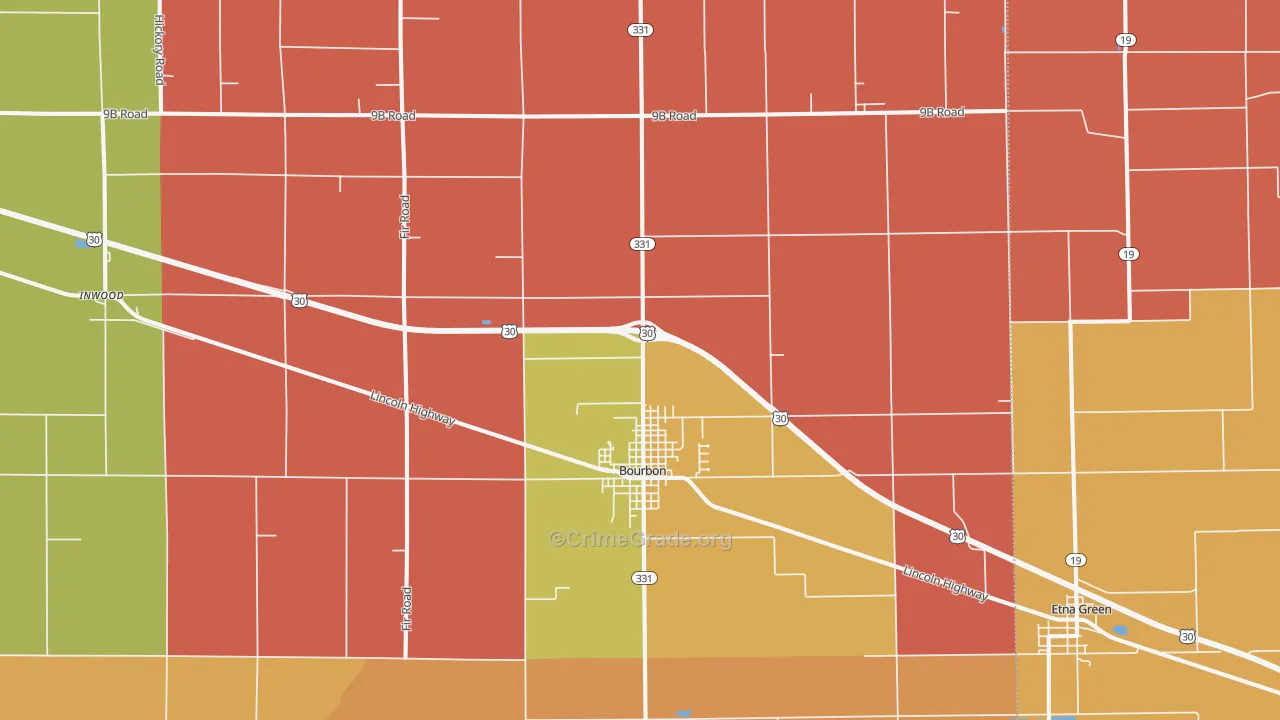Bourbon, IN Map of Robbery Rates