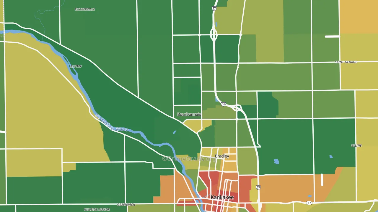 Bourbonnais, IL Map of Robbery Rates
