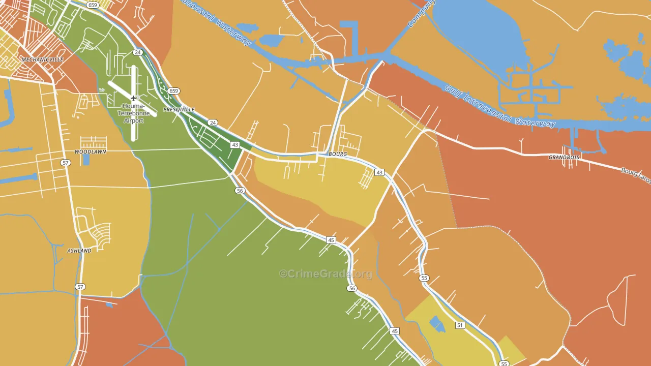 Bourg, LA Map of Robbery Rates