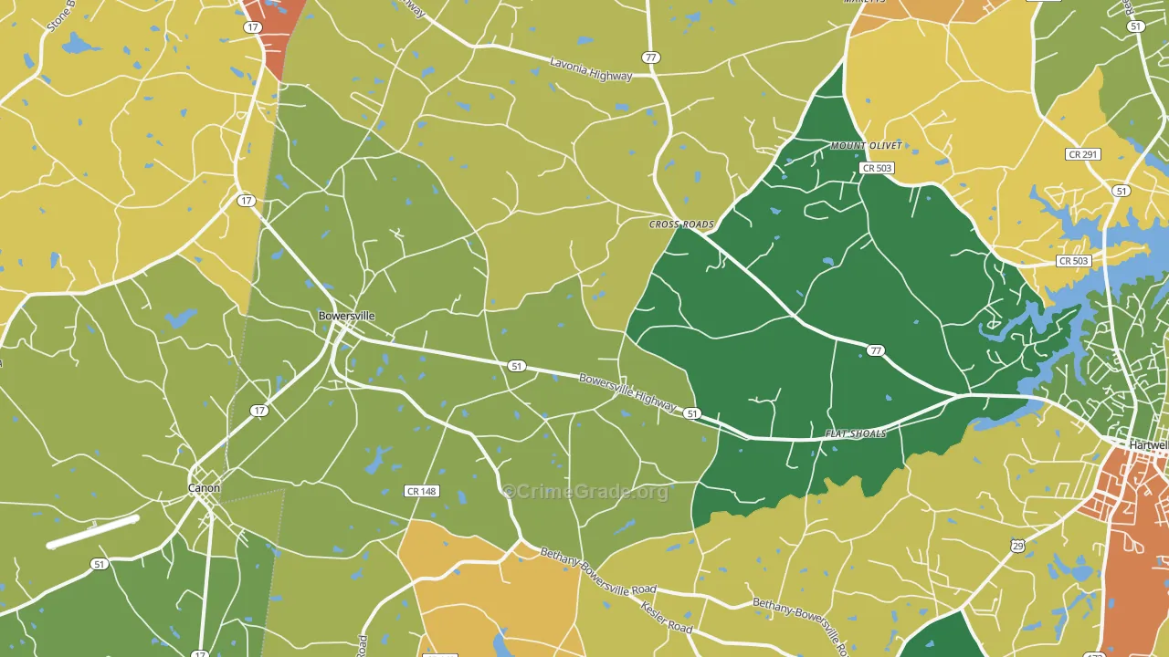 Bowersville, GA Map of Robbery Rates