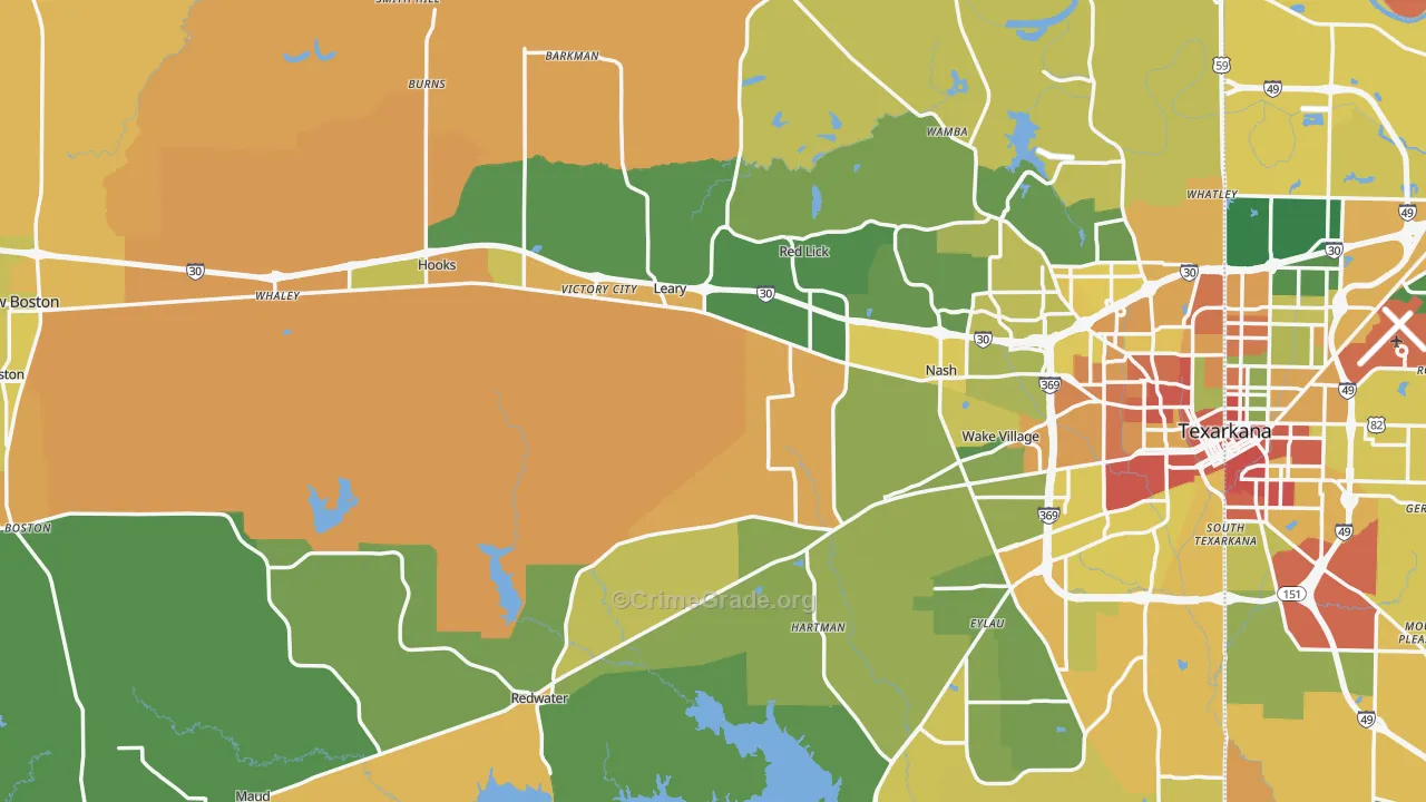 Bowie County, TX Map of Robbery Rates