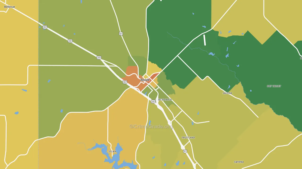 Bowie, TX Map of Robbery Rates