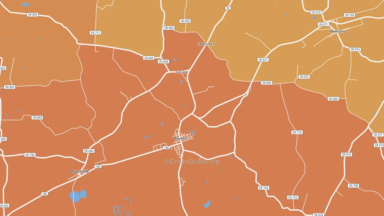 Boykins, VA Map of Robbery Rates