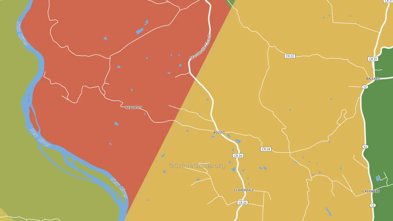 Bozoo, WV Map of Robbery Rates