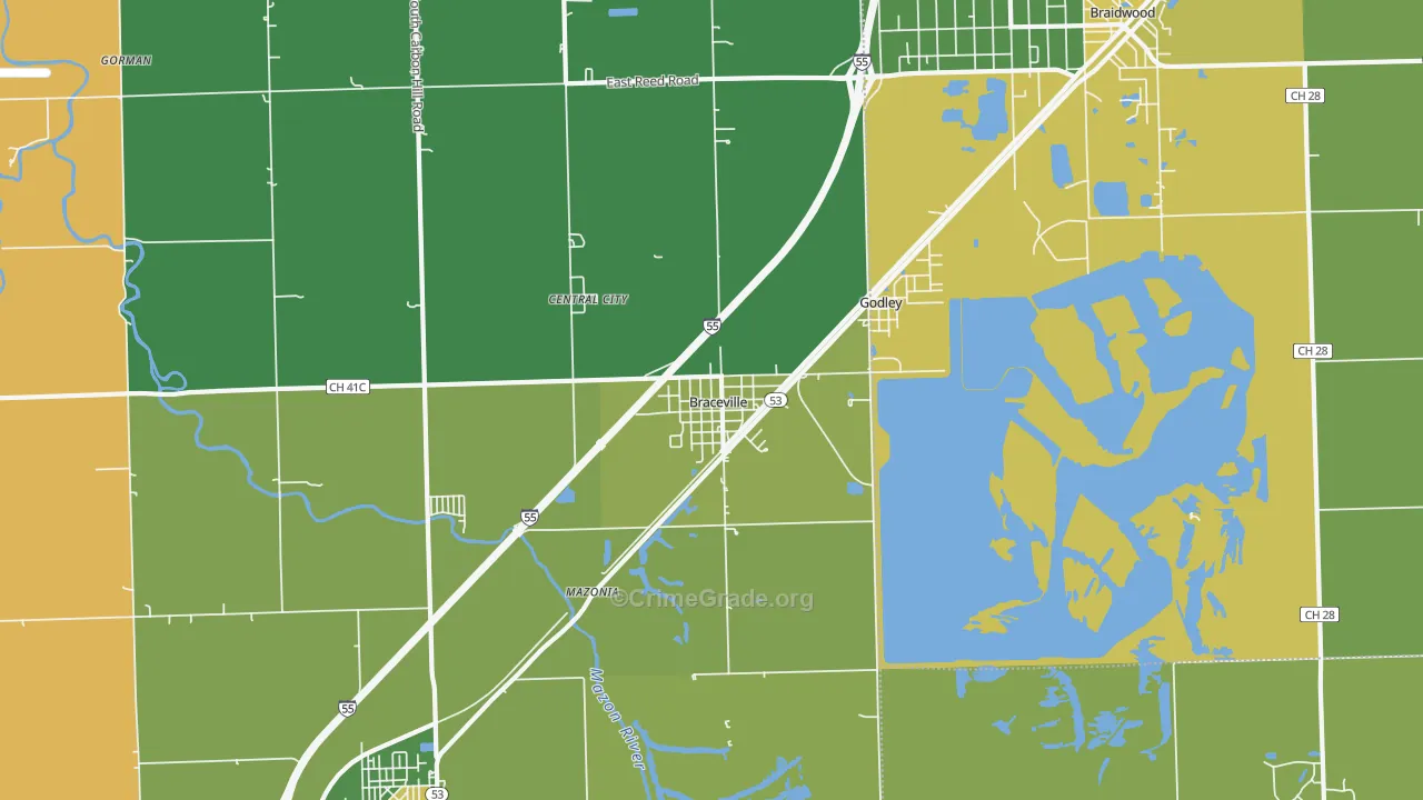 Braceville, IL Map of Robbery Rates