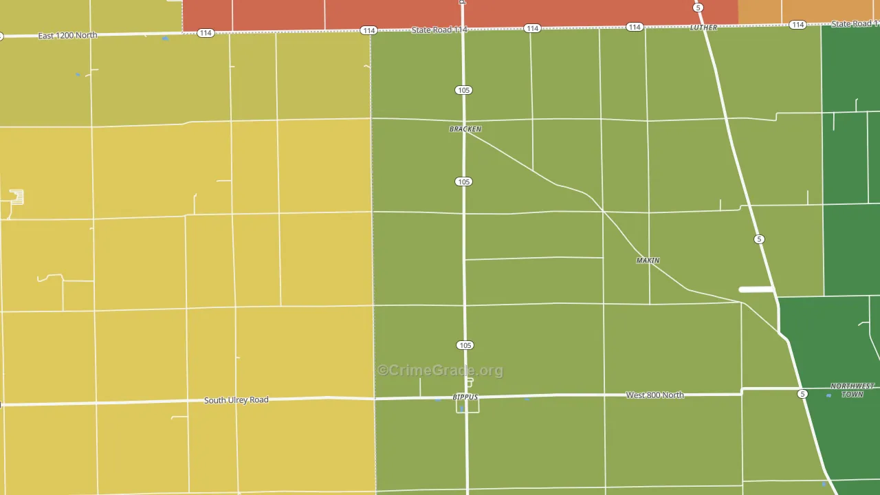 Bracken, IN Map of Robbery Rates