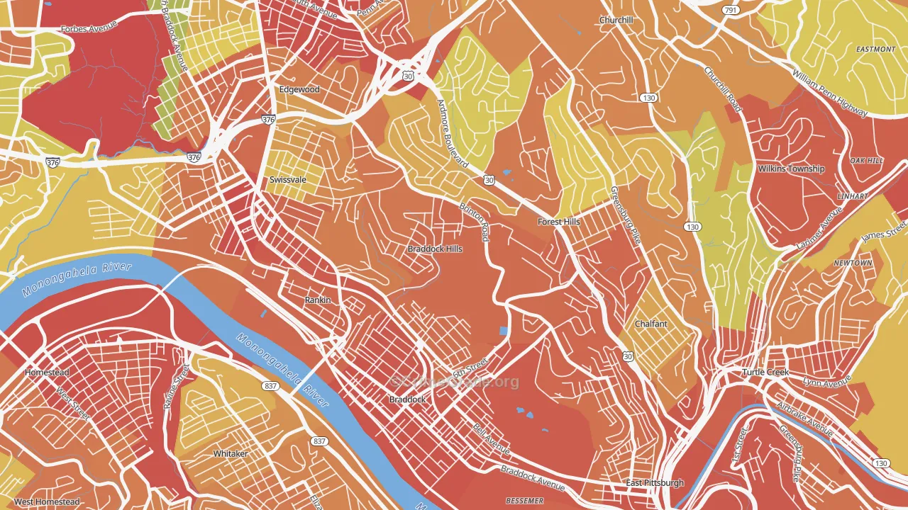 Braddock Hills, PA Map of Robbery Rates