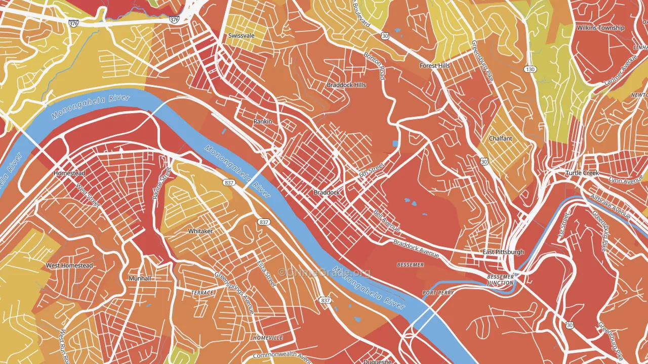 Braddock, PA Map of Robbery Rates