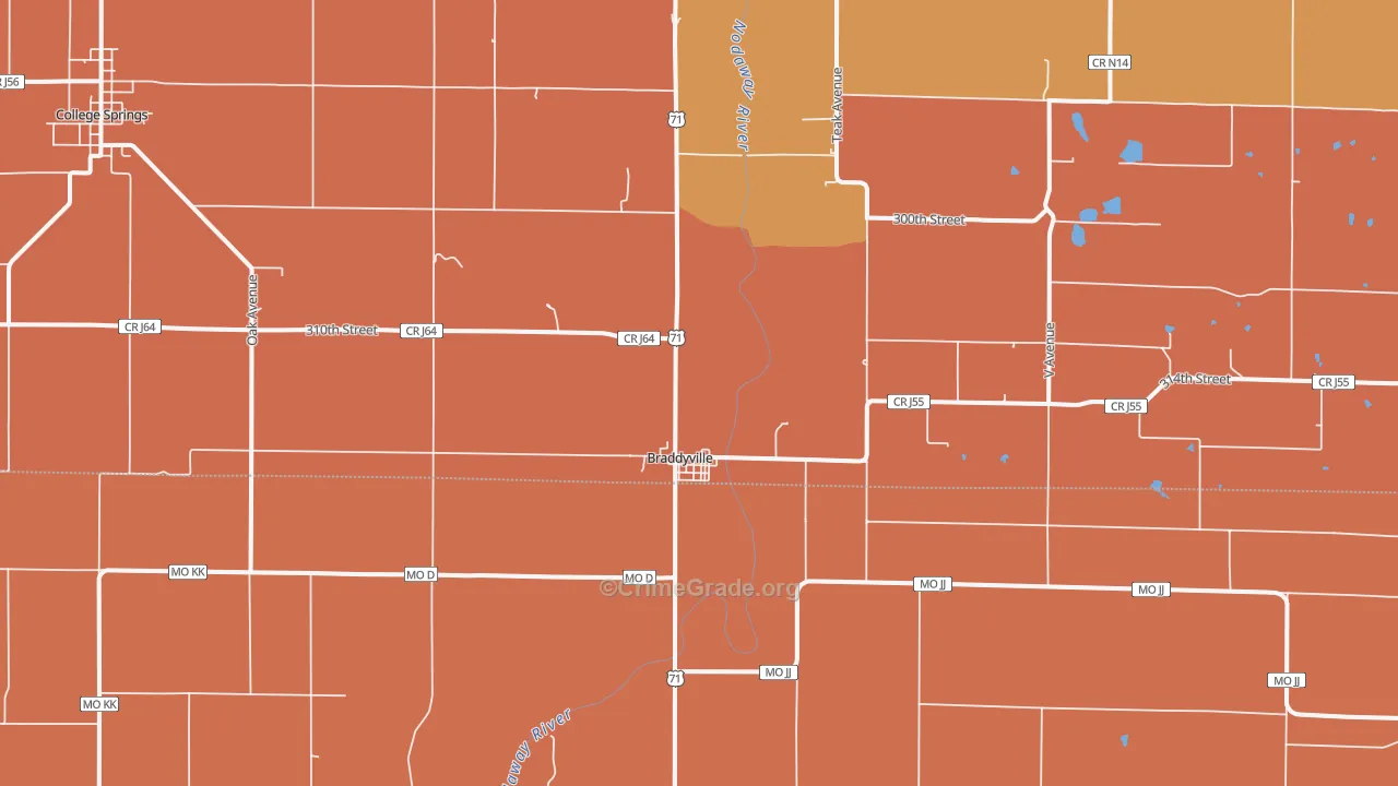 Braddyville, IA Map of Robbery Rates
