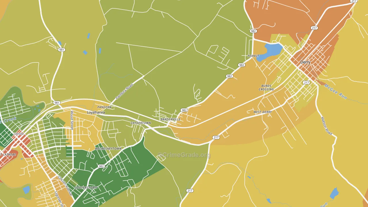 Bradenville, PA Map of Robbery Rates