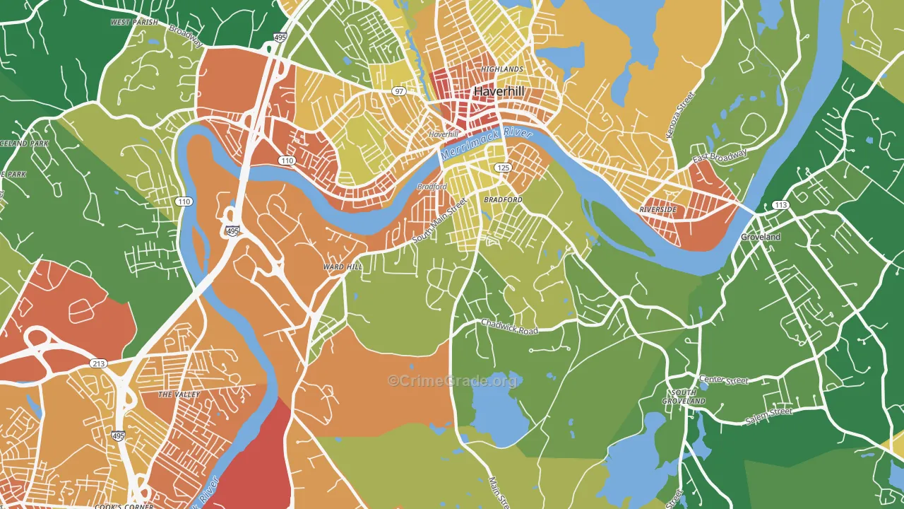 Bradford, Haverhill, MA Map of Robbery Rates