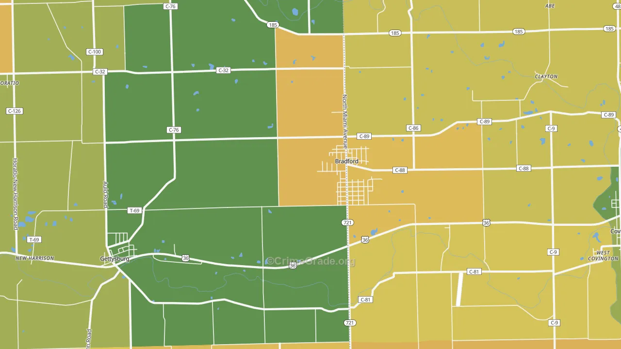 Bradford, OH Map of Robbery Rates