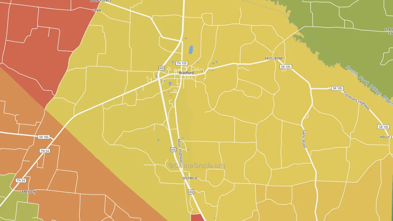 Bradford, TN Map of Robbery Rates