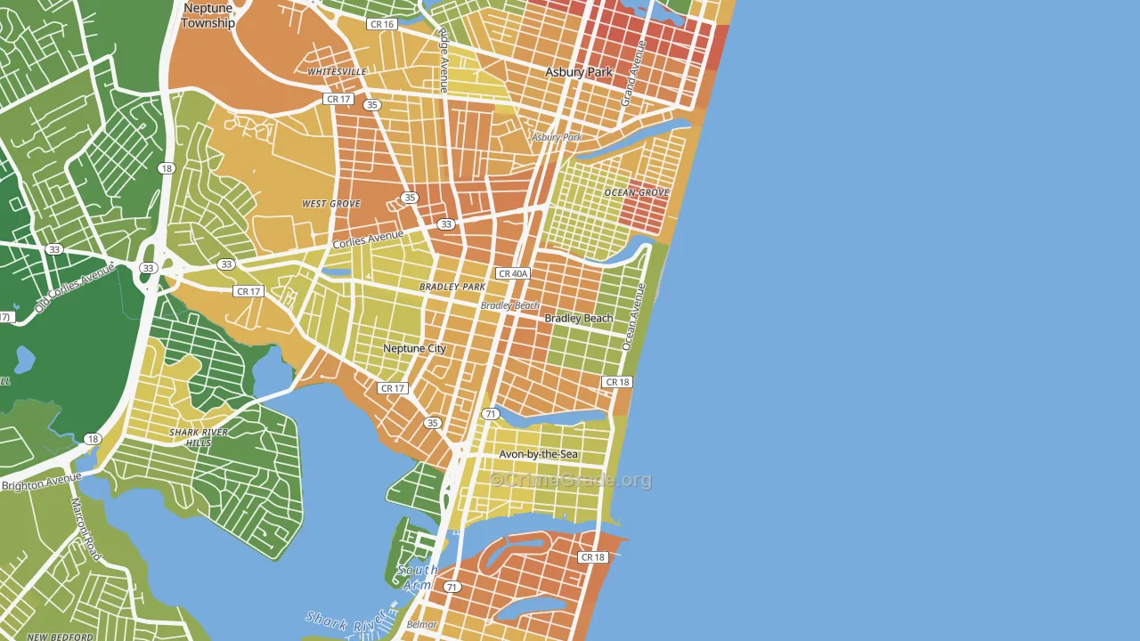 Bradley Beach, NJ Map of Robbery Rates