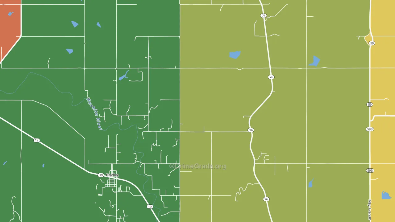 Bradley, OK Map of Robbery Rates