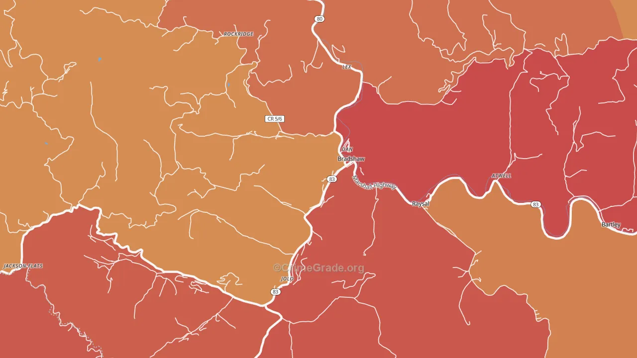 Bradshaw, WV Map of Robbery Rates