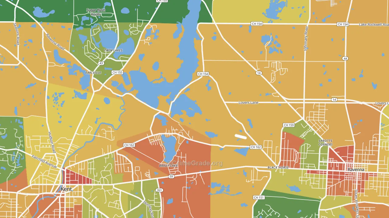 Brady Lake, OH Map of Robbery Rates