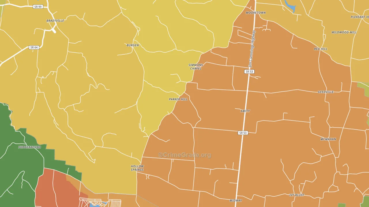 Bradyville, TN Map of Robbery Rates