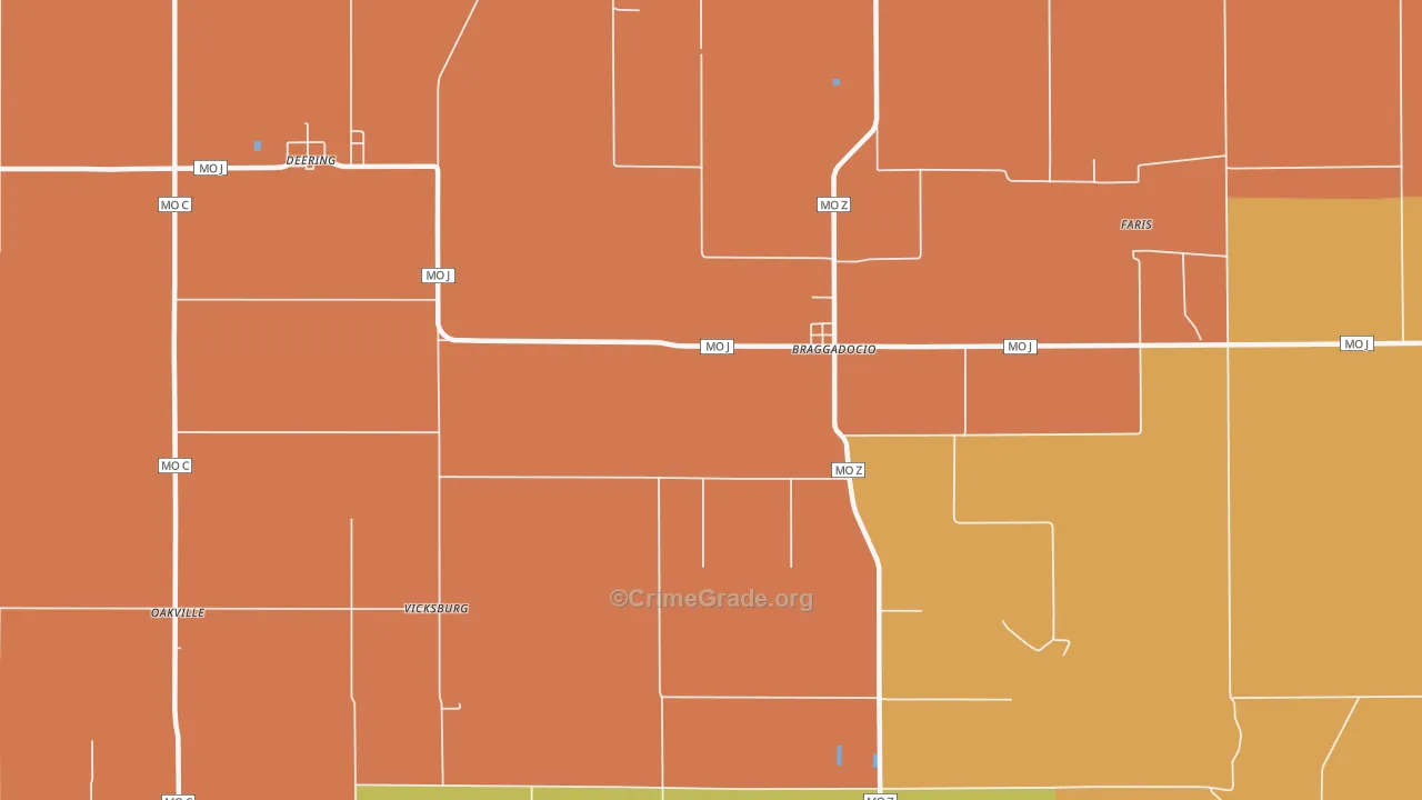 Braggadocio, MO Map of Robbery Rates