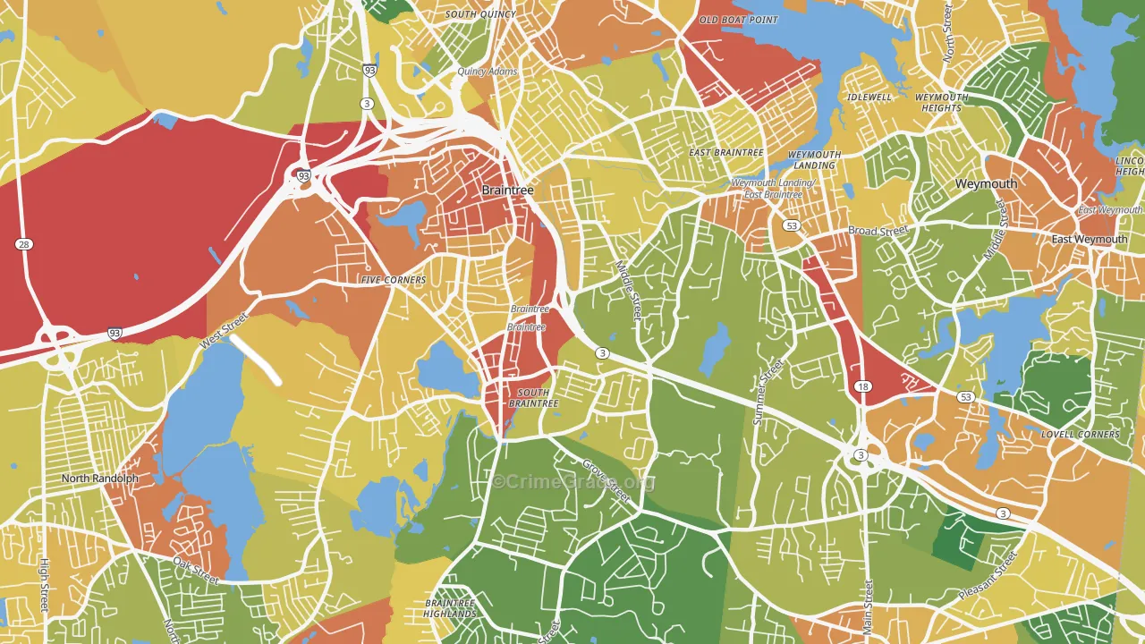 Braintree Town, MA Map of Robbery Rates