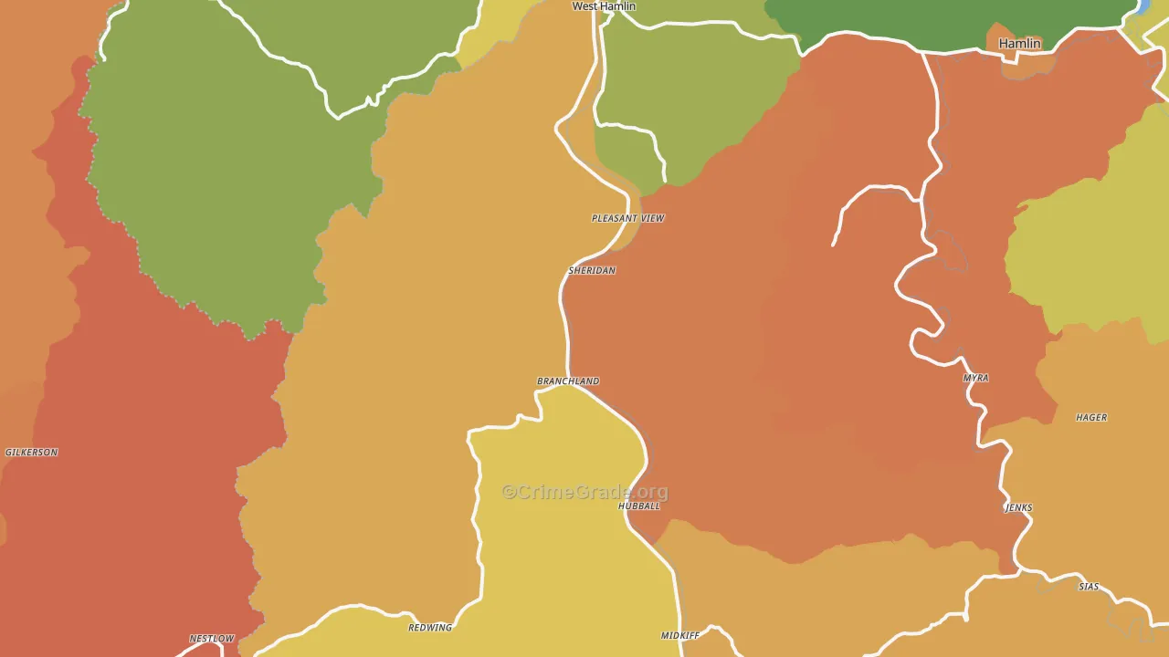 Branchland, WV Map of Robbery Rates