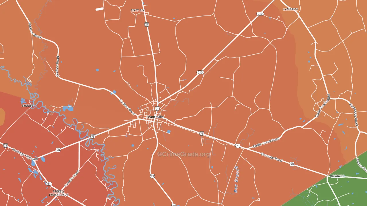 Branchville, SC Map of Robbery Rates