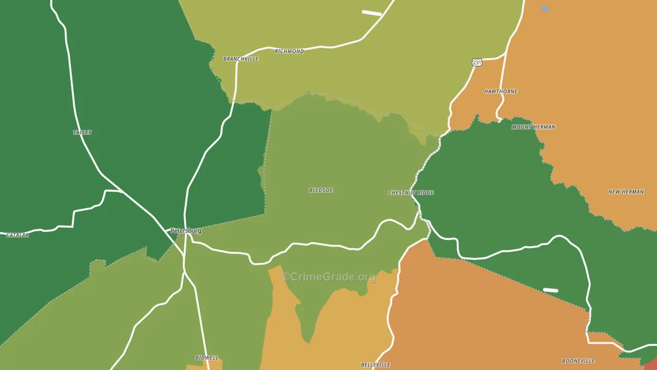Branchville, TN Map of Robbery Rates
