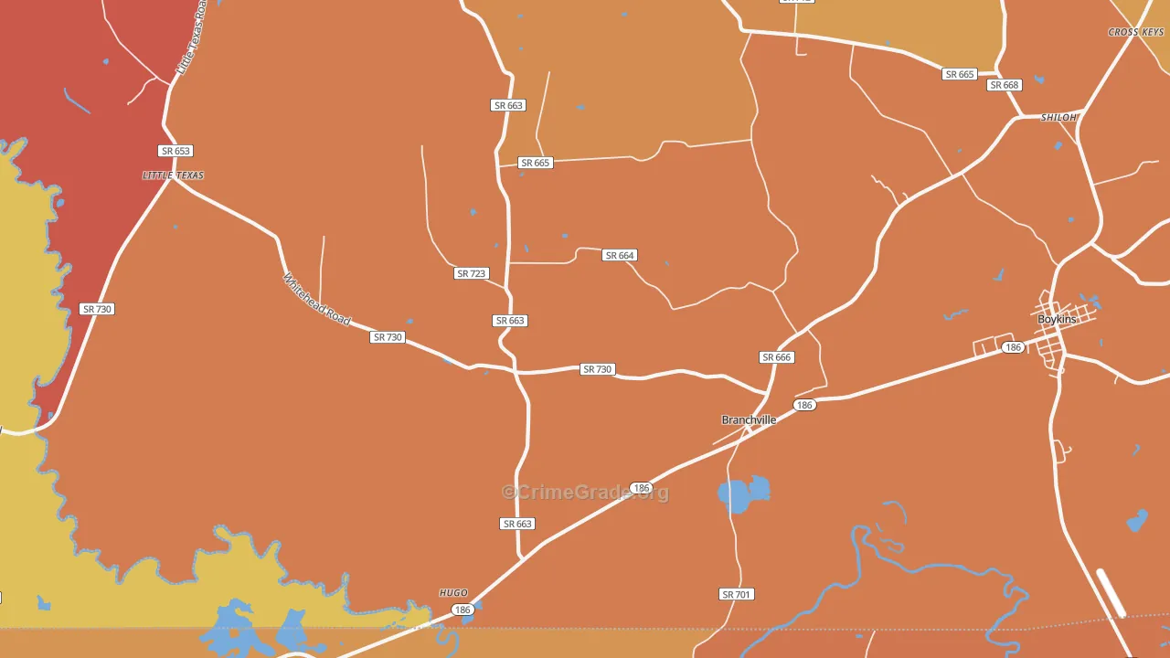 Branchville, VA Map of Robbery Rates