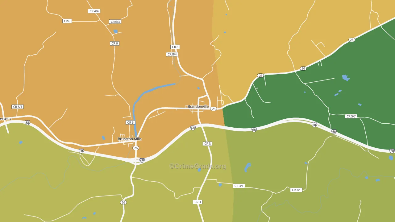 Brandonville, WV Map of Robbery Rates