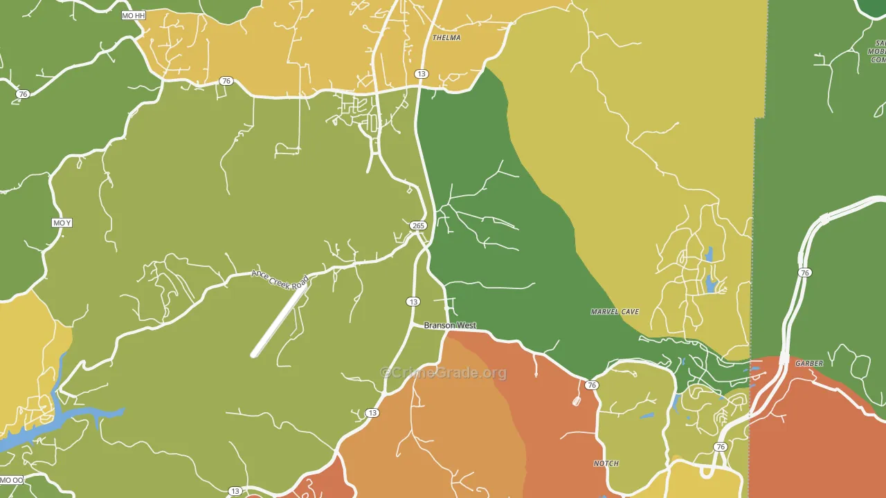 Branson West, MO Map of Robbery Rates
