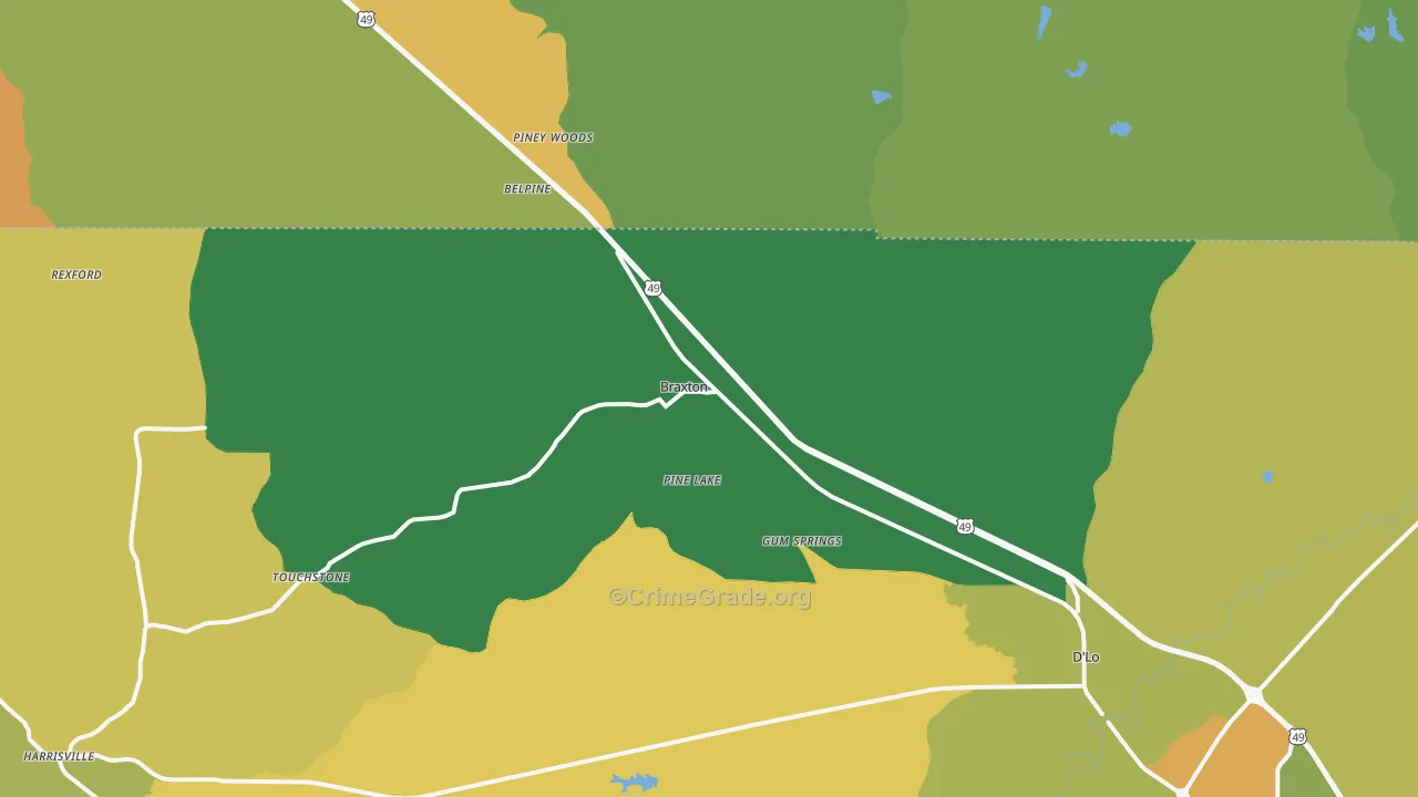 Braxton, MS Map of Robbery Rates