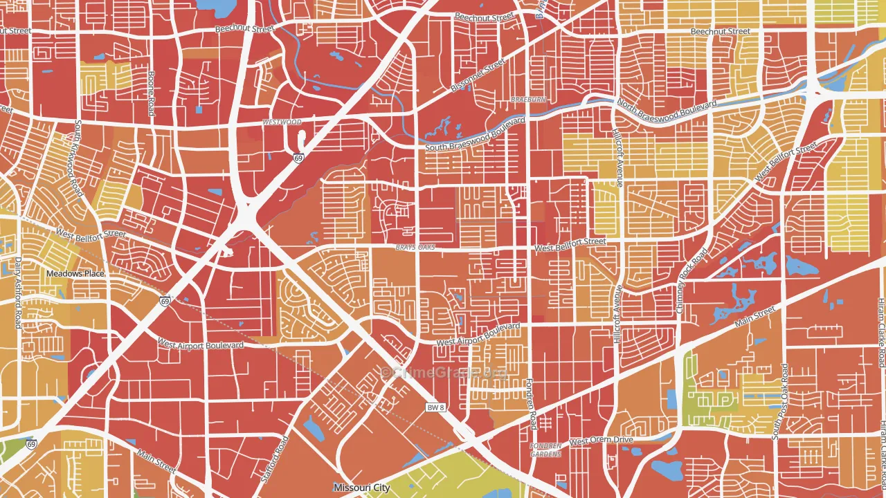 Brays Oaks, Houston, TX Map of Robbery Rates