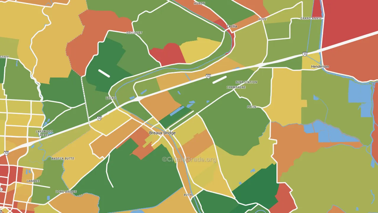 Breaux Bridge, LA Map of Robbery Rates
