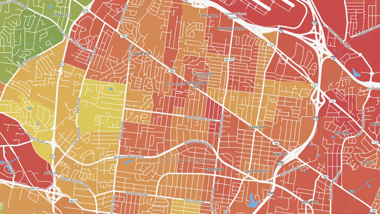Breckenridge Hills, MO Map of Robbery Rates