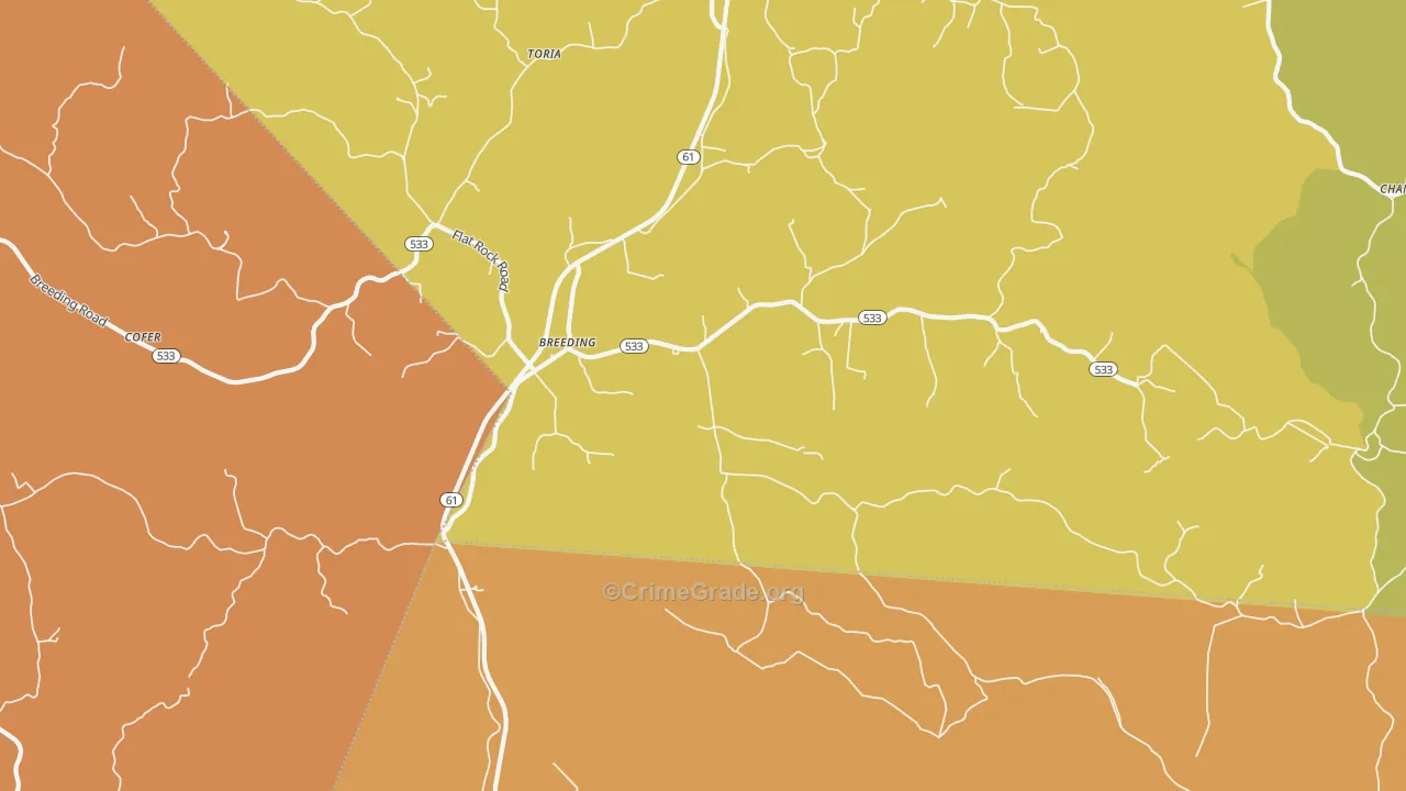 Breeding, KY Map of Robbery Rates