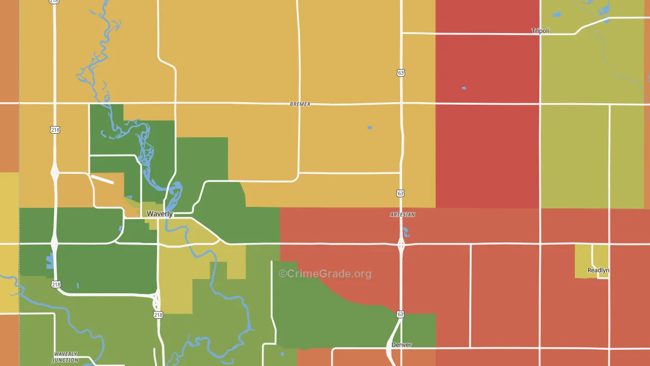 Bremer County, IA Map of Robbery Rates