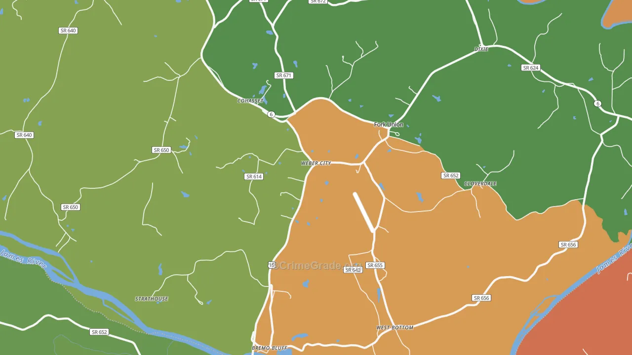 Bremo Bluff, VA Map of Robbery Rates